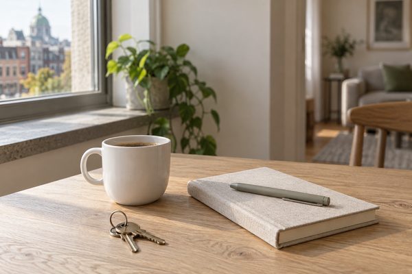Un carnet, un stylo, des clés de maison et une tasse de café sur une table de cuisine, près d’une fenêtre